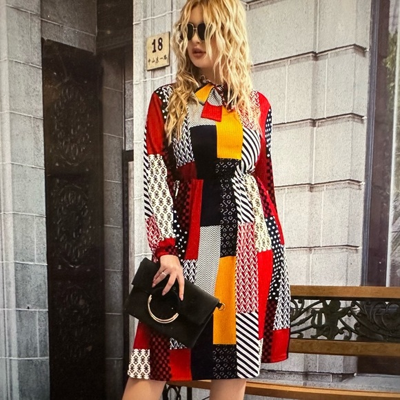 Plus patchwork tie neck a-line dress - Picture 6 of 6